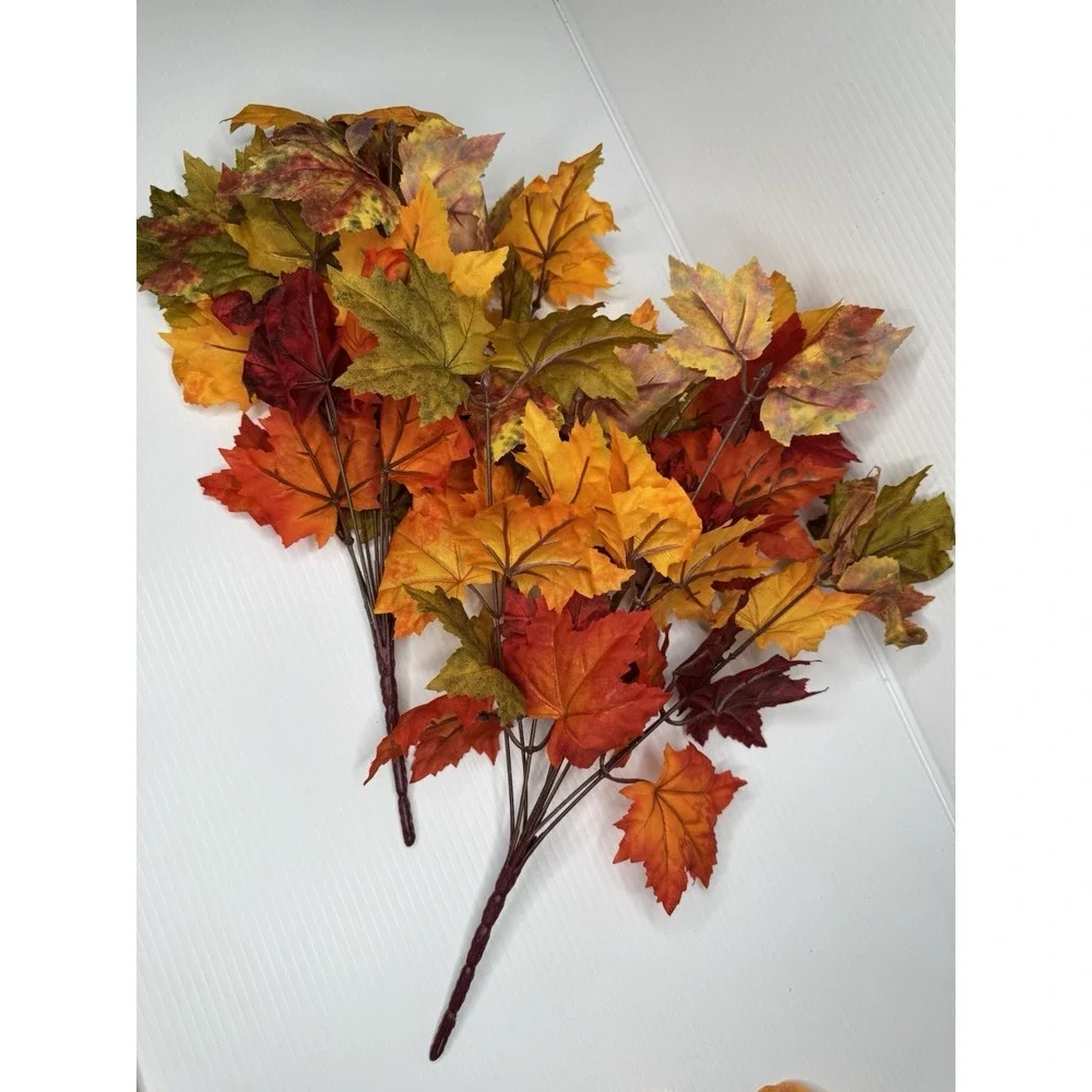 Lot Of 6 Faux Fall Foliage Bushes Maple Round Leaves Orange Red Yellow Autumn